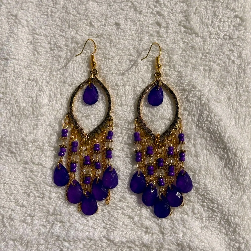 Jem Water Drop Dangling‎ Tassel Earrings (Purple)